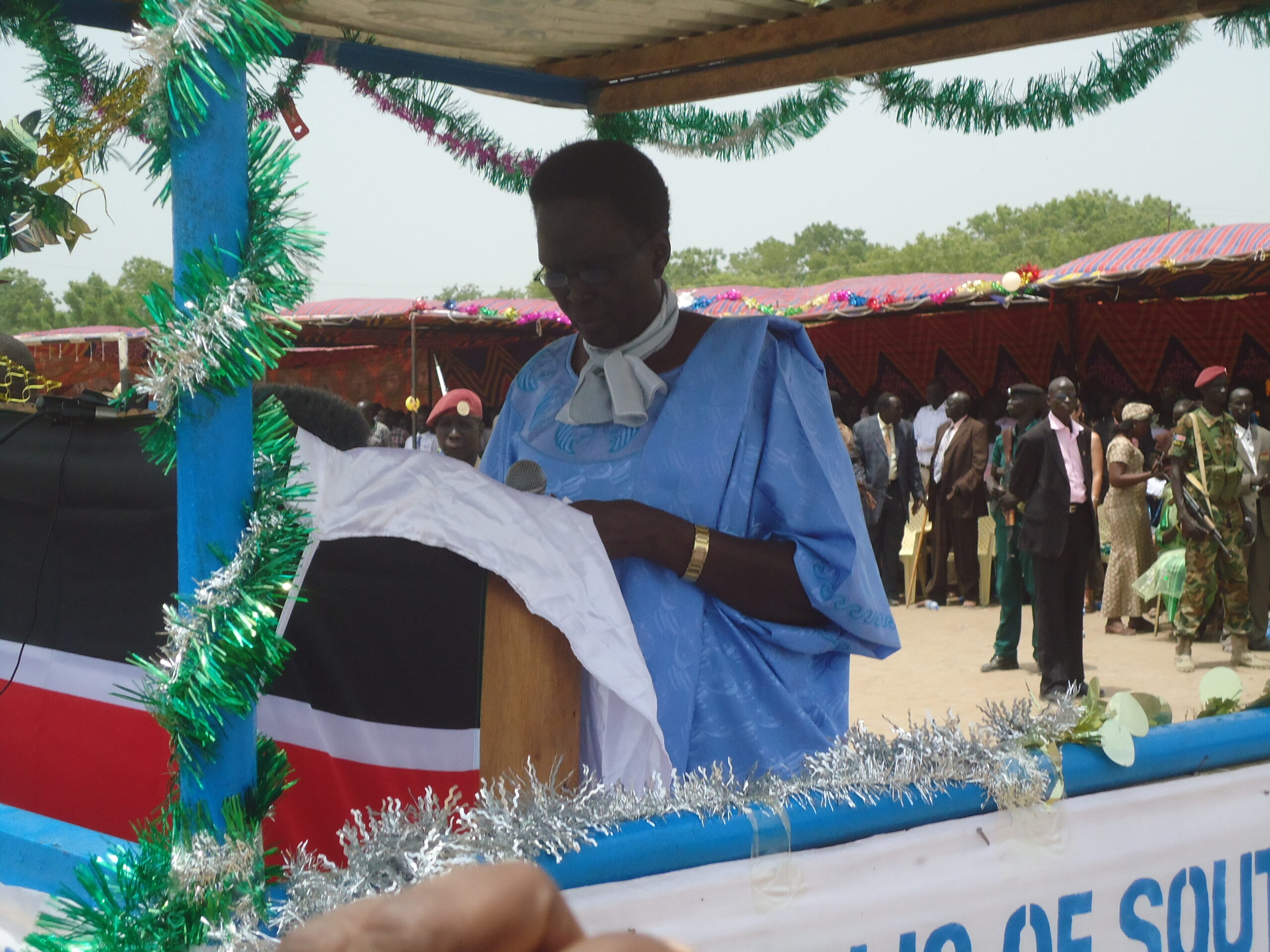 South Sudan's presidential advisor on gender, Rebecca Nyandeng, addressing the gathering for International Women's Day in Bor, Jonglei State, March 8, 2013 (ST)