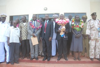 Western Equatoria State Governor (centre) with the new Commissioners of Mvolo and Maridi counties (Photo Philip Mbugo)