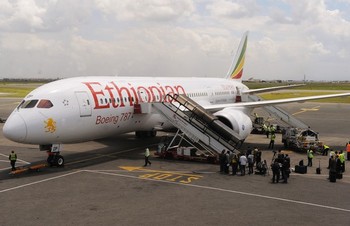 An Ethiopian Airlines Dreamliner jet arrives at Jomo Kenyatta International Airport in Nairobi on April 27, 2013 SIMON MAINA/AFP/Getty Images)