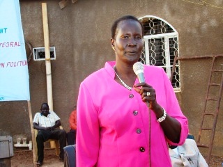 Warrap state Governor Nyandeng Malek speaking to SPLM members in Kwajok, April 14, 2012 (ST/Julius Uma)