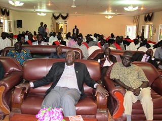 Participants, including the Jonglei governor, at a consultative forum on drafting of national security policy in South Sudan's Bor on 9 May 2013 (ST)