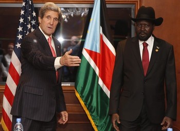 US secretary of state John Kerry (L) meets with South Sudanese president Salva Kiir in the Ethiopian capital, Addis Ababa, on 26 May 2013 (Photo: Reuters)