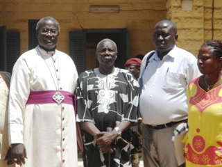 From Left: Archbishop Daniel Deng Bul, Ismail Konyi [in black and white T-shirt], and the rest of the Jonglei Peace Initiative team in Bor. March 23, 2012 (ST)