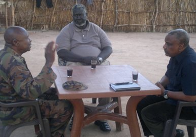 In this undated photo released by the SPLM-N shows the three leaders of the rebel group - Malik Aggar SPLM-M chairman (C) Abdel Ziz El-Hilu (L) and Yasir Arman (R) in a meeting held at an undisclosed area in South Kordofan.