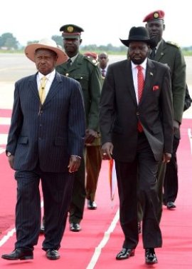 President of Uganda,Yoweri Museveni, left and President of South Sudan, Salva Kiiri Mayardit, are seen during the second independence anniversary of South Sudan in Juba, Tuesday, July 9, 2013. (Photo AP )