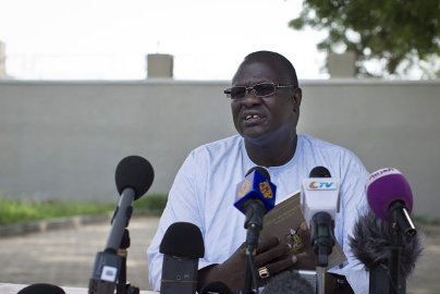 Riek Machar speaks at a press conference on 26 July, where he announced his intention to run in the 2015 presidential elections (Photo: AP/Mackenzie Knowles-Coursin)