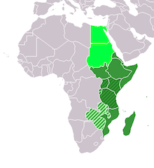 Eastern Africa: green = UN subregion / dark green = East African Community / very light green: Central African Federation (defunct) / light green: geographic, including previous (Source: Wikipedia)above