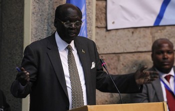 South Sudan's new Foreign Minister Barnaba Marial Benjamin addresses the audience during the Heads of States and Governments International Conference on the Great Lakes Region in Nairobi July 31, 2013.  (Photo by Thomas Mukoya Reuters)