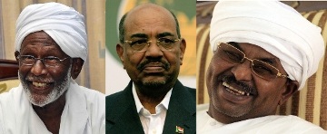 Sudanese president Omer Hassan al-Bashir (C), Secretary General of the Popular Congress Party (PCP) Hassan al-Turabi (L), former director of National Intelligence and Security Services (NISS) Salah Gosh (R).