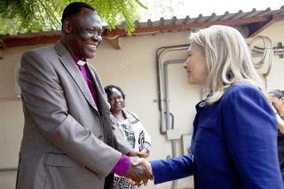 Bishop Elias Taban with Hillary Clinton in Juba, South Sudan (Reuters)