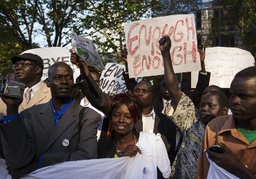 Demonstrators chant outside of the UN headquarters in New York as they ask for a referendum to determine the future of Abyei region on September 23, 2013. (Photo Reuters/Lucas Jackson)