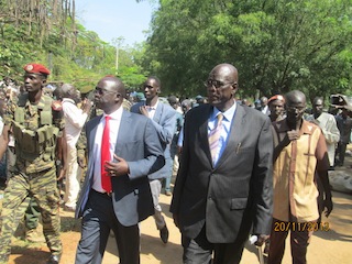Jonglei state caretaker governor John Kong Nyuon (R) is welcomed by deputy governor Hussein Maar Nyuot (L) to governor’s office in Bor on 20 November 2013 (ST)