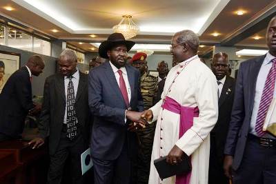 South Sudan's president Salva Kiir shares a moment with archbishop Danie Deng Bul (Photo: Moses Lomoyat)