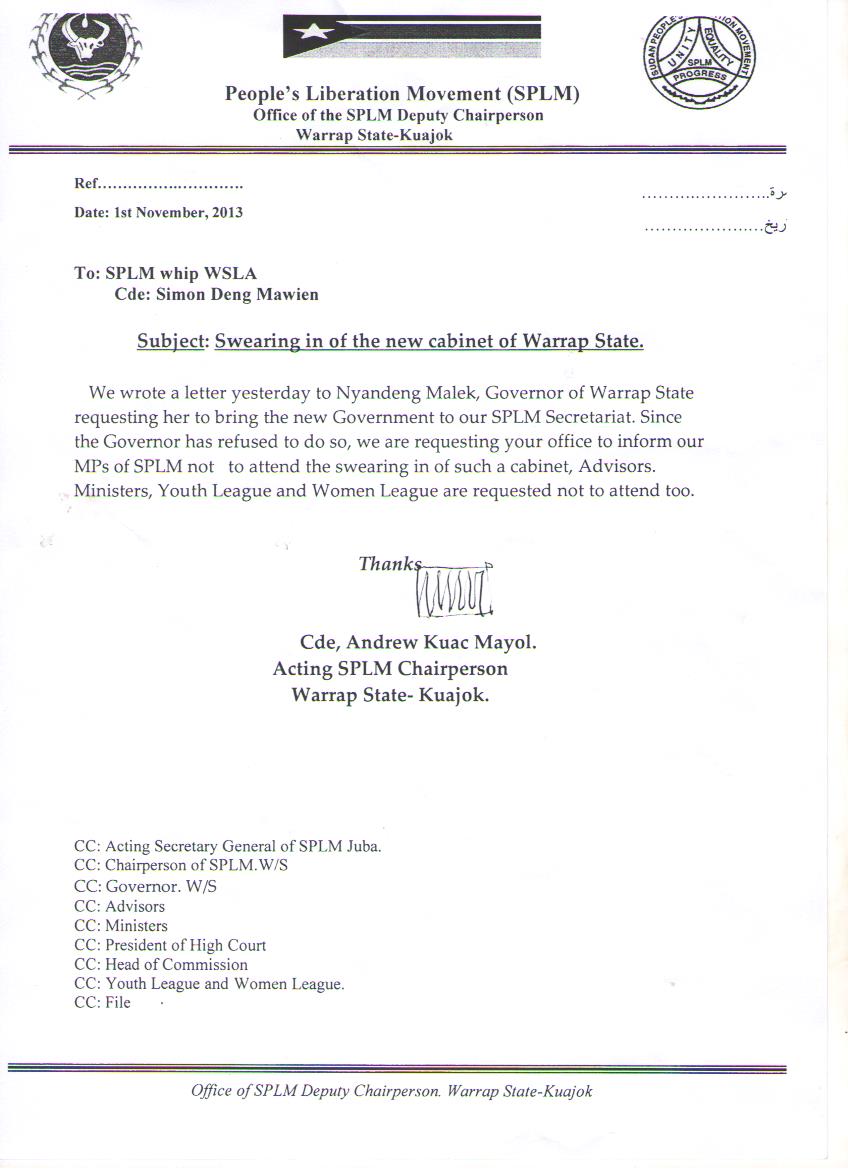 Letter from SPLM office in Warrap criticising the lack of women in state cabinet.