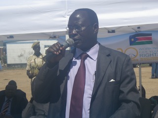 The Speaker of the Jonglei state legislative assembly, Peter Chol Wall, addressing crowds in Bor on Human Rights Day 2013. 10 December 2013 (ST)