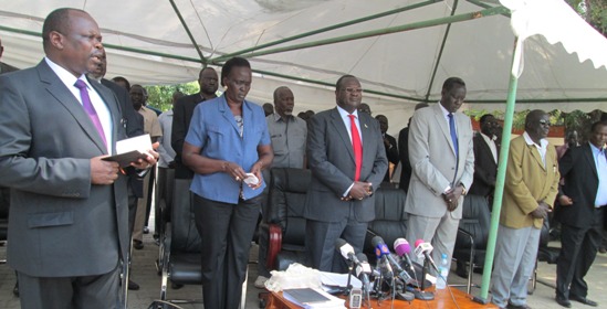 SPLM senior leaders holding a press conference to discuss the actions of party chairman and South Sudanese president Salva Kiir, on 6 December 2013 in Juba (ST)