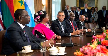 US President Barack Obama speaks in the Cabinet Room of the White House in Washington, March 28, 2013, after a meeting with, from left, Senegal President Macky Sall; Malawi President Joyce Banda; Sierra Leone President Ernest Bai Koroma; and Cape Verde Prime Minister Jose Maria Pereira Neves (AP)