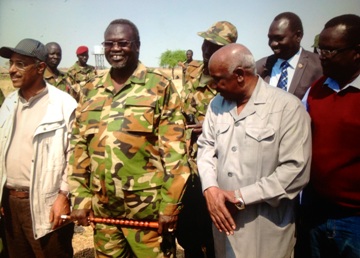 United States special envoy to Sudans Donald Booth (not shown) together with IGAD’s mediators Ethiopian former foreign minister Seyoum Mesfin (L), Sudanese General Mohammed Ahmed Moustafa El Dabi (R) at an undisclosed location in South Sudan to meet former VP Riek Machar January 11, 2014 (Photo: Handout by Machar negotiators)