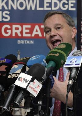British Minister for Africa Mark Simmonds holds a press conference at the end of an official visit to Sudan in the capital Khartoum on January 16, 2014 (AFP Photo/Ebrahim Hamid)