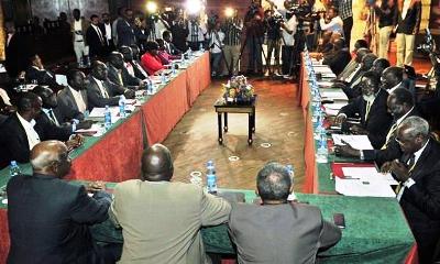 South Sudanese government representatives, right, and rebel representatives, left, in Addis Ababa (Carl De Souza/AFP/Getty Images)