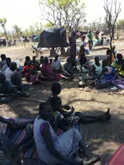 Internally displaced persons sit under trees in Melijo, 19km south of Nimule on Friday February 14, 2014 (ST)