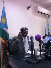 South Sudan minister of foreign affairs Barnaba Marial Benjamin speaking to reporters on Monday Feb. 24, 2014 in Juba (ST)