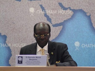 South Sudan's foreign minister, Barnaba Marial Benjamin, pictured at Chatham House in London, where he was giving a speech on the current crisis on 10 February 2014 (Photo courtesy of Chatham House)