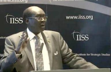 South Sudan Foreign Minister Barnaba Marial Benjamin speaking at the International Institute for Strategic Studies in London on 11 Feb 2014 (Photo: IISS)