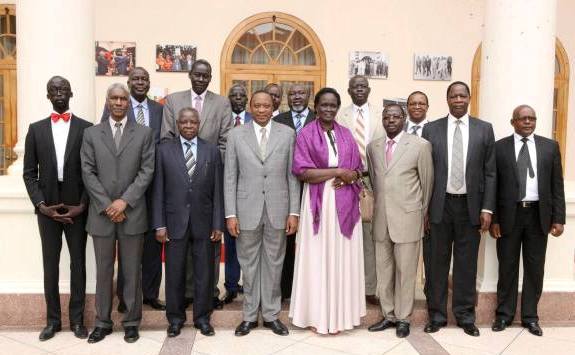 Kenyan president Uhuru Kenyatta with the seven former SPLM detainees and Rebecca Garang in Nairobi on 12 February 2014 (Photo: Office of the Kenyan President)