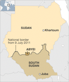 Map showing the lcoation of the contested Abyei region in relation to Sudan and South Sudan