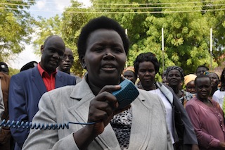 Naomi Adhieu, the secretary in the office of South Sudan's first lady, speaking in Bor, Jonglei state on Saturday, 2 March 2014 (ST)
