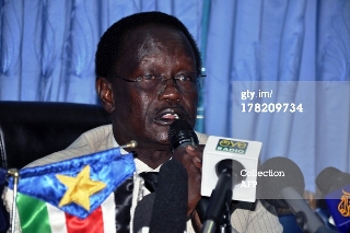 Aleu Ayeny Aleu speaks to the media in Juba on August 27, 2013 (Getty Images)