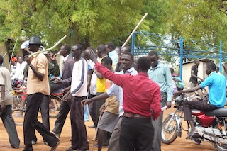 A group of demonstrators moving towards the Jonglei governors' office on Thursday 17 April 2014 in Bor, (ST)