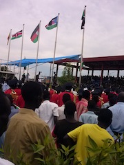 A crowd watches as president Salva Kiir (not pictured) gives a speech at Dr. John Garang Mausoleum in Juba on May 16, 2014 (ST)