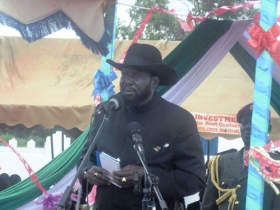 South Sudan's president, Salva Kiir, speaking at the opening of the Wau county headquarters at Bagari on 14 July 2014 (ST)