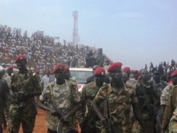 South South Sudanese president Salva Kiir is surrounded by heavy security during a visit to Western Bahr el Ghazal capital Wau on 16 July 2014 (ST)