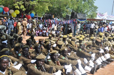 State prison officials listen to speeches during Independence Day celebrations in Jonglei capital Bor on 9 July 2014 (ST)