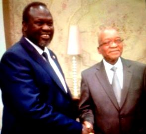 Rebel leader Riek Machar shakes hands with South African president Jacob Zuma at the State House, Pretoria, South Africa, July 2, 2014 (ST)