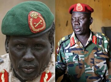 SPLA Maj. Gen. Marial Chanuong Yol (R) and rebel commander Peter Gadet were hit with US sanctions in May for their role in the South Sudan conflict (Photo: Reuters/Goran Tomasevic)