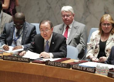 UN secretary-general Ban Ki-moon briefs the Security Council on his visit to South Sudan in May 2014 to sound the alarm about the violence and the risk of catastrophic famine (Photo: UN//Devra Berkowitz)