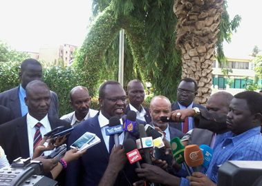 SPLM-in-Opposition leader Riek Machar talks to the media after his meeting with president Omer al-Bashir on 10 August 2014 (ST)