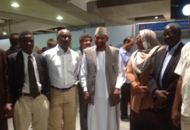 NUP Sadiq al-Mahdi (C) received at Charles de Gaulle Airport in Paris by SPLM-N SG and SRF external relations secretary Yasir Arman, (L) NUP deputy president Meriam al-Mahdi (R), deputy chairmen of the Justice and Equality Movement (JEM) Ahmed Adam Bakheit (2d R)  and SRF secretary for humanitarian affairs and a leading member of the Sudan Liberation Movement- Minni Minnawi (SLM-MM) Trayo Ahmed Ali (2d L) on 6 August 2014 (ST)