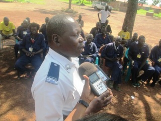 Western Bahr Ghazal state's traffic police officer, Luciano Gregory, speaks at Wau Vocational Training Centre on 20 August 2014 (ST)