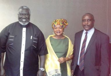 The speaker of the South African national assembly, Baleka Mbete (C), pictured with Malik Agar (R) and Yasir Arman (L) after a meeting on 22 September 2014 (Photo courtesy of the SPLM-N)