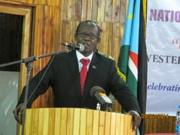South Sudan’s vice-president, James Wani Igga, speaks at the opening of the national reconciliation and peace conference in Wau on 2 September 2014 (ST)