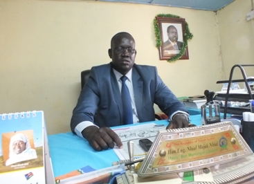 The mayor of Bor town, Nhial Majak Nhial, in his office on 30 September 2014 (ST)