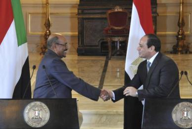 Sudanese president Omer Hassan al-Bashir (L) shakes hands with his Egyptian counterpart, Abdel Fattah al-Sisi, during a news conference after their meeting in Cairo on 19 October 2014 (Photo: Reuters)