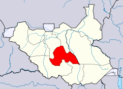 Map detail of South Sudan showing Lakes state in red