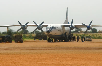 A Sudanese Antonov at El Geneina airport. A military aircraft similar to this is suspected of carrying out attacks on South Sudan’s northern border states recently (photo Amnesty-file)