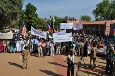 Demonstrators in Wau, the capital of South Sudan’s Western Bahr el Ghazal state, protesting against a ground and air attack allegedly launched by Sudanese Armed Forces in Kitkit, 119 kilometer north of its Raja County (WBGS courtesy photo)